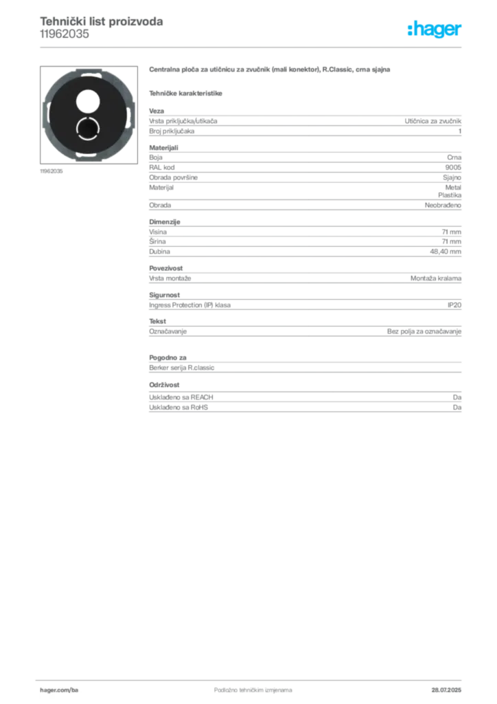 Slika Hager Product data sheet 11962035  | Hager
