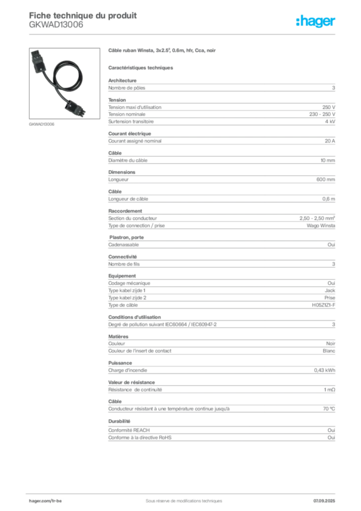 Image Hager Fiche technique du produit GKWAD13006 | Hager Belgique