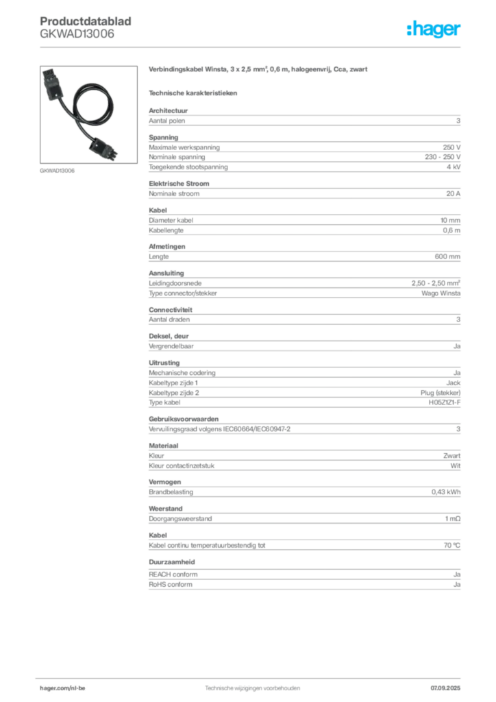 Afbeelding Hager Productdatablad GKWAD13006 | Hager Belgium