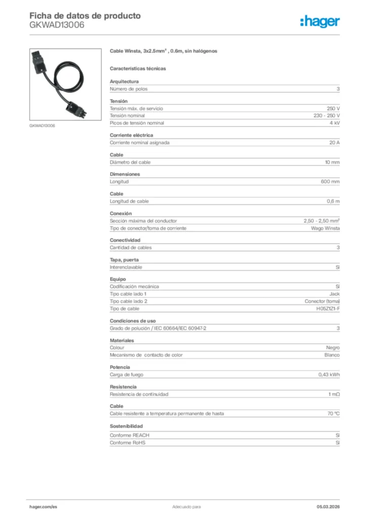Imagen Hager Ficha de datos de producto GKWAD13006 | Hager España