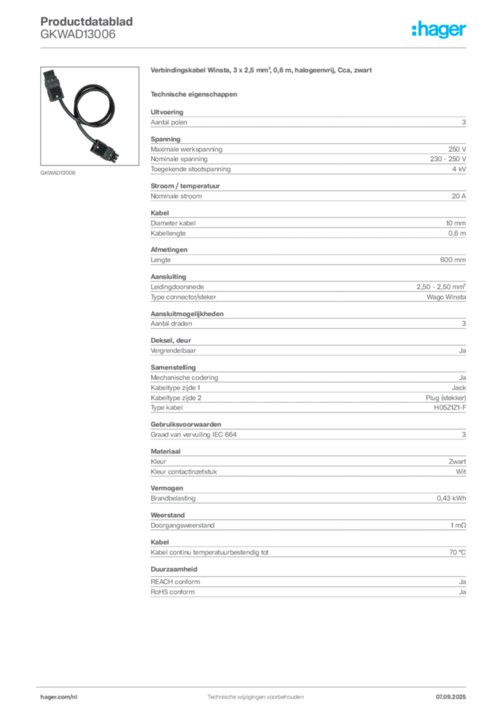 Afbeelding Hager Productdatablad GKWAD13006 | Hager Nederland