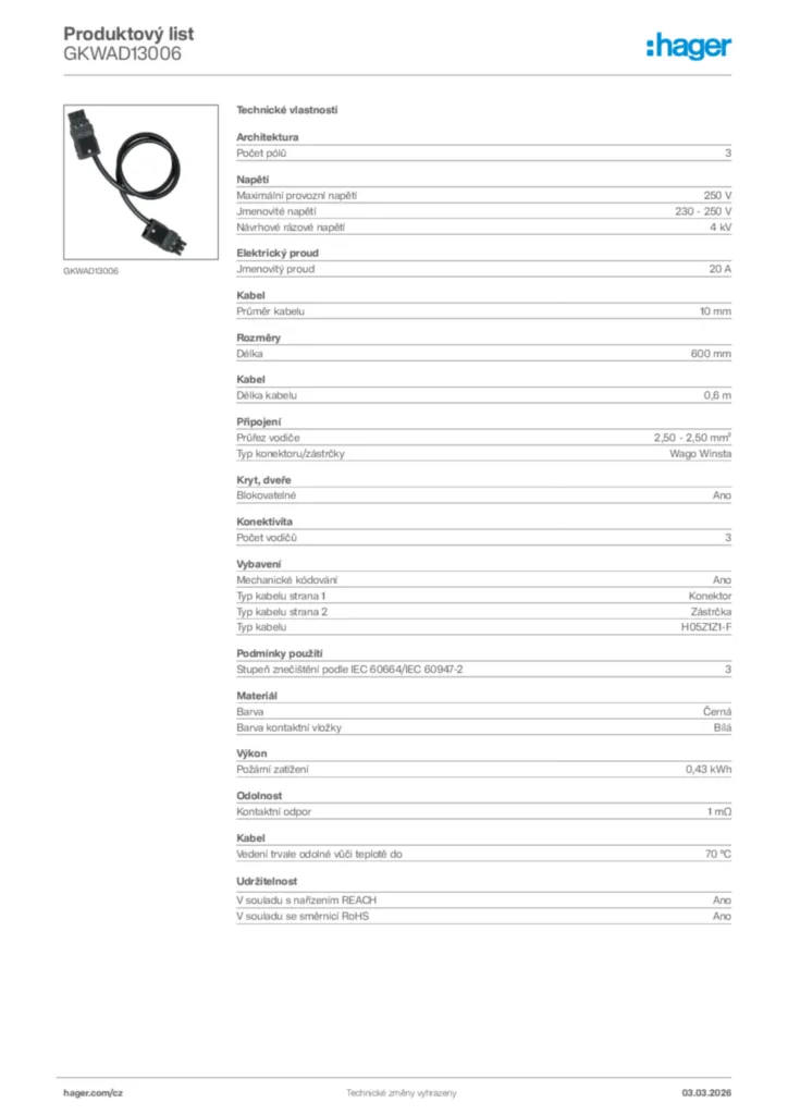 Obrázek Hager Product data sheet GKWAD13006 | Hager