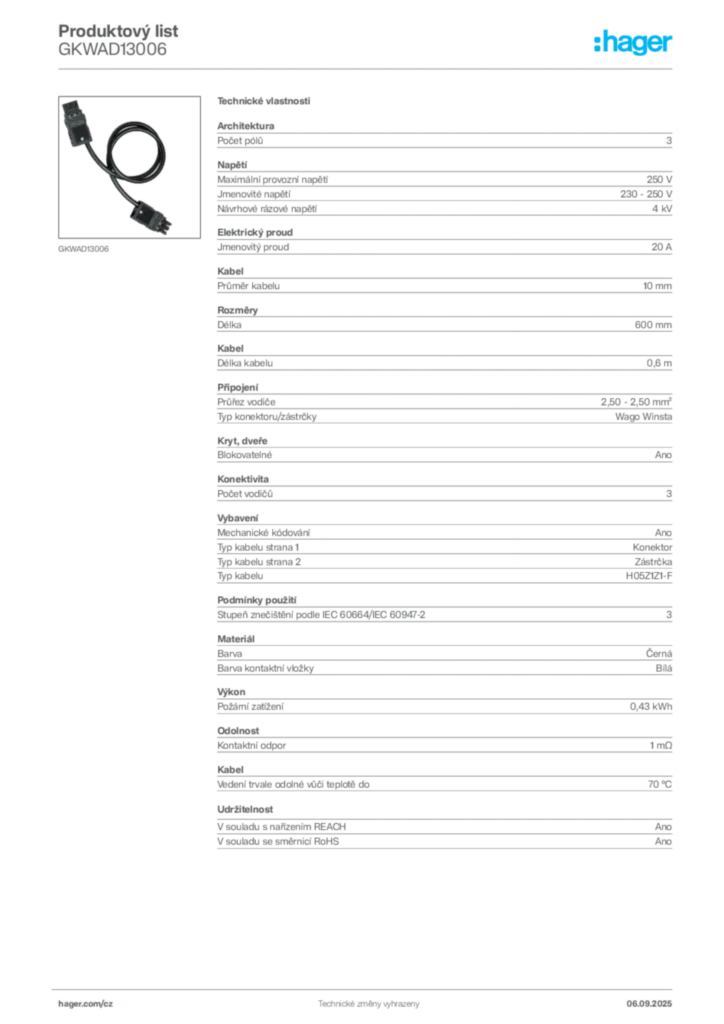 Obrázek Hager Produktový list GKWAD13006 | Hager