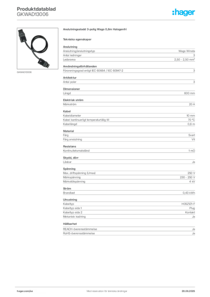Bild Hager Produktdatablad GKWAD13006 | Hager Sverige
