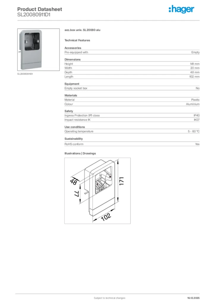 Image Hager Product data sheet SL20080911D1  | Hager Africa