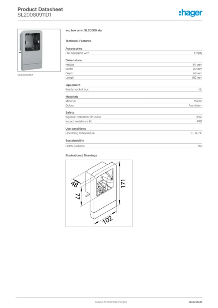Image Hager Product data sheet SL20080911D1  | Hager Africa