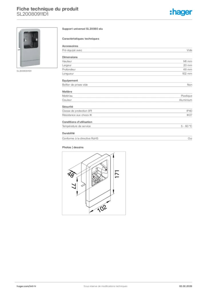Image Hager Fiche technique du produit SL20080911D1 | Hager Afrique