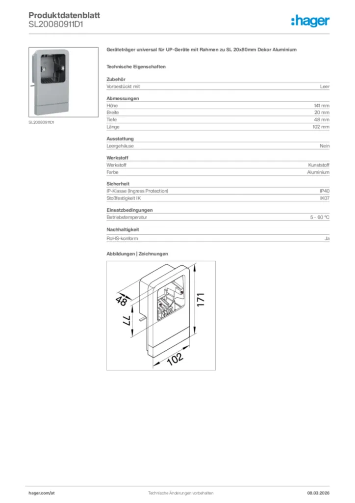Bild Hager Produktdatenblatt SL20080911D1 | Hager Deutschland