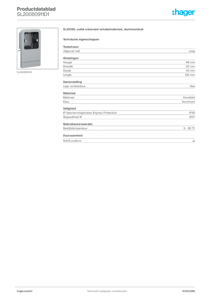 Afbeelding Hager Productdatablad SL20080911D1 | Hager Nederland