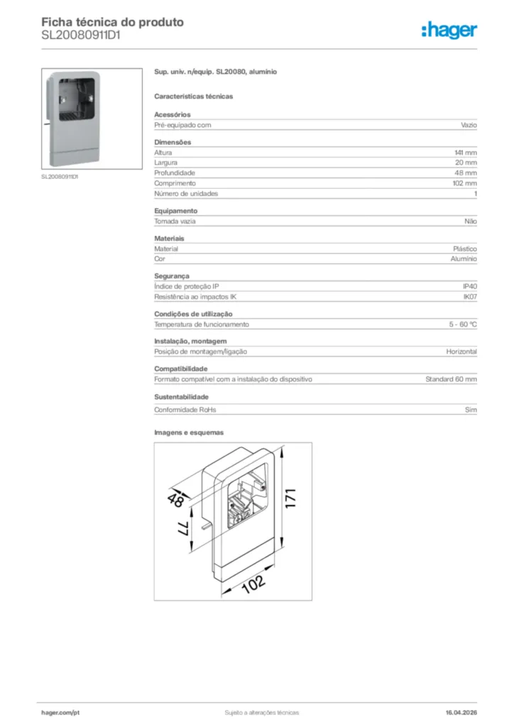 Imagem Hager Ficha técnica do produto SL20080911D1 | Hager Portugal