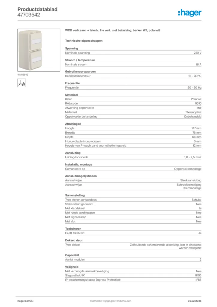 Afbeelding Hager Productdatablad 47703542 | Hager Nederland