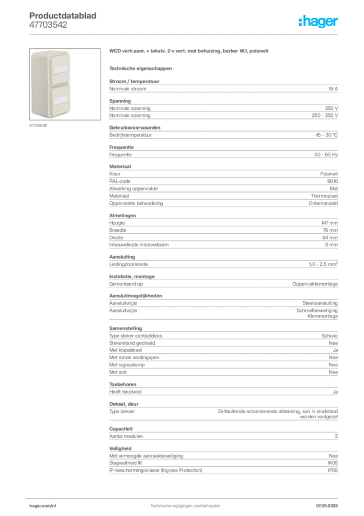 Afbeelding Hager Productdatablad 47703542 | Hager Nederland