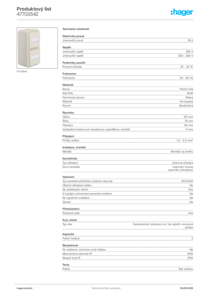 Obrázek Hager Produktový list 47703542 | Hager