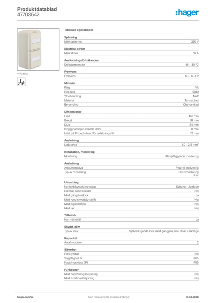 Bild Hager Produktdatablad 47703542 | Hager Sverige