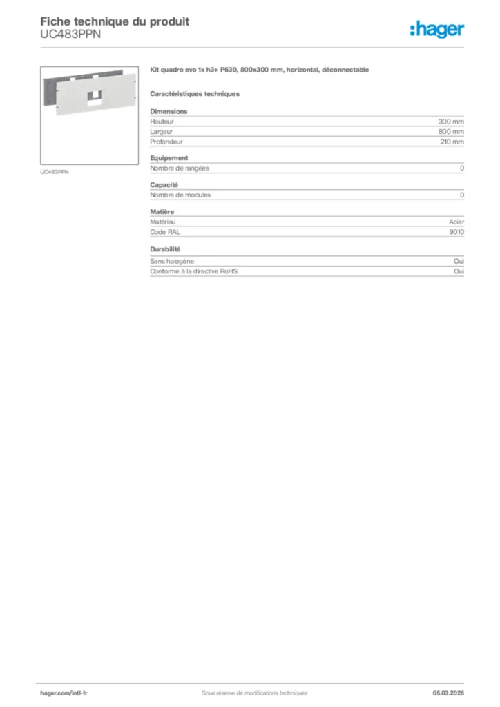 Image Hager Fiche technique du produit UC483PPN | Hager Afrique