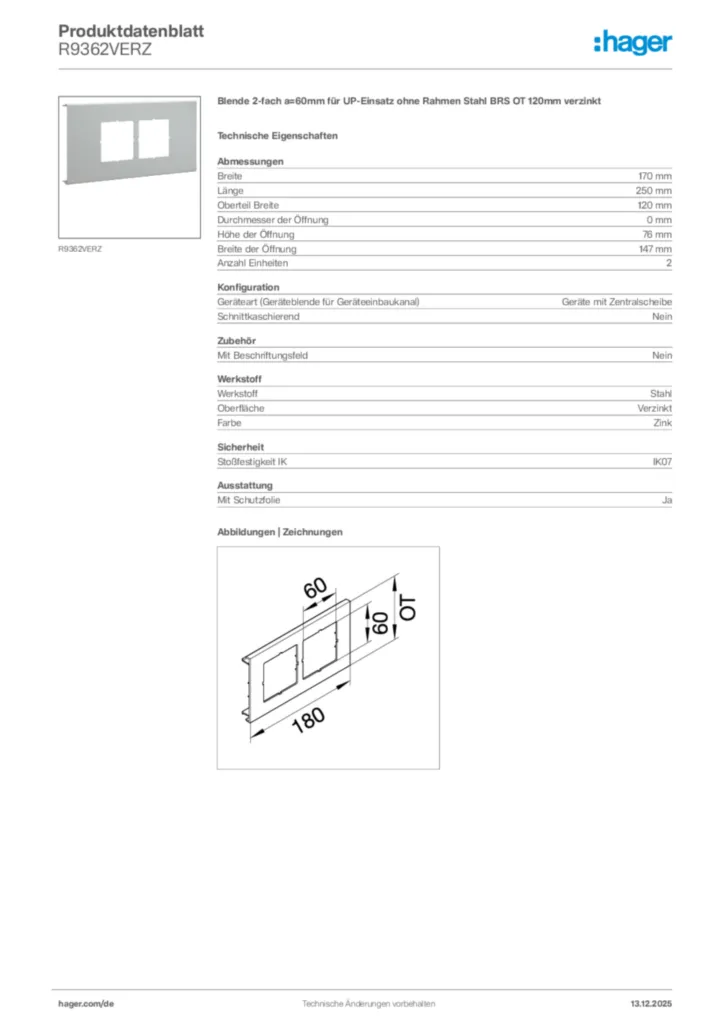 Bild Hager Produktdatenblatt R9362VERZ | Hager Deutschland