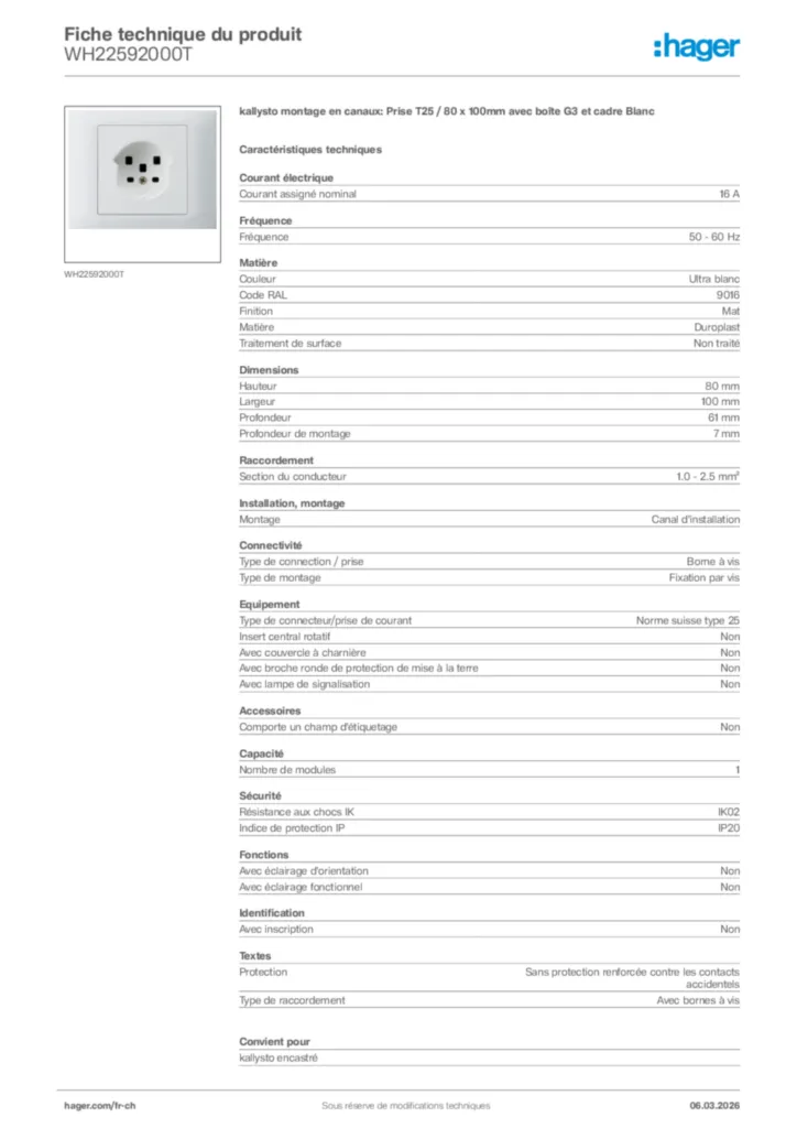 Image Hager Fiche technique du produit WH22592000T | Hager Suisse
