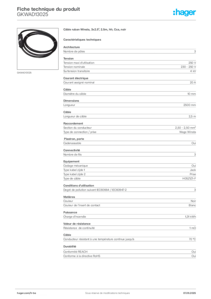 Image Hager Fiche technique du produit GKWAD13025 | Hager Belgique