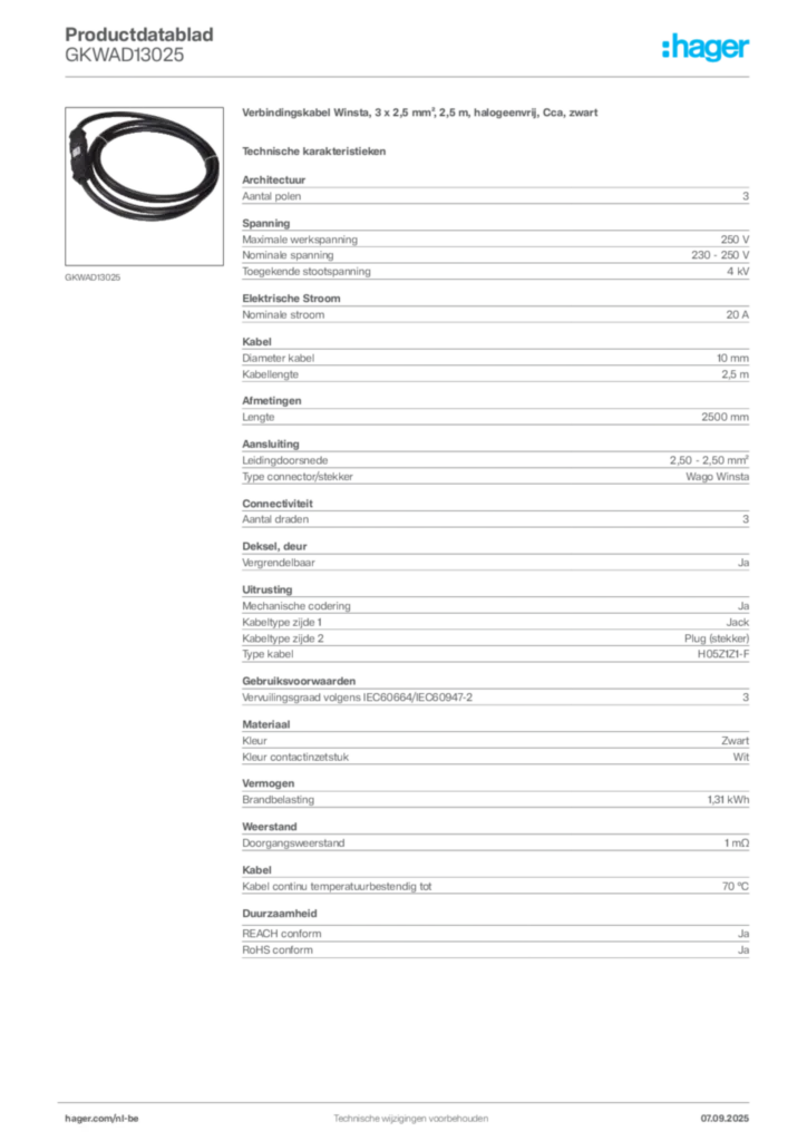 Afbeelding Hager Productdatablad GKWAD13025 | Hager Belgium