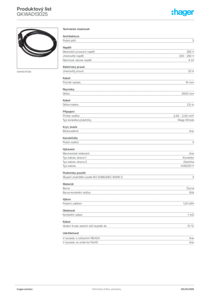 Obrázek Hager Produktový list GKWAD13025 | Hager