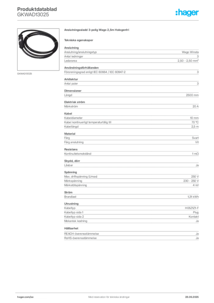 Bild Hager Produktdatablad GKWAD13025 | Hager Sverige