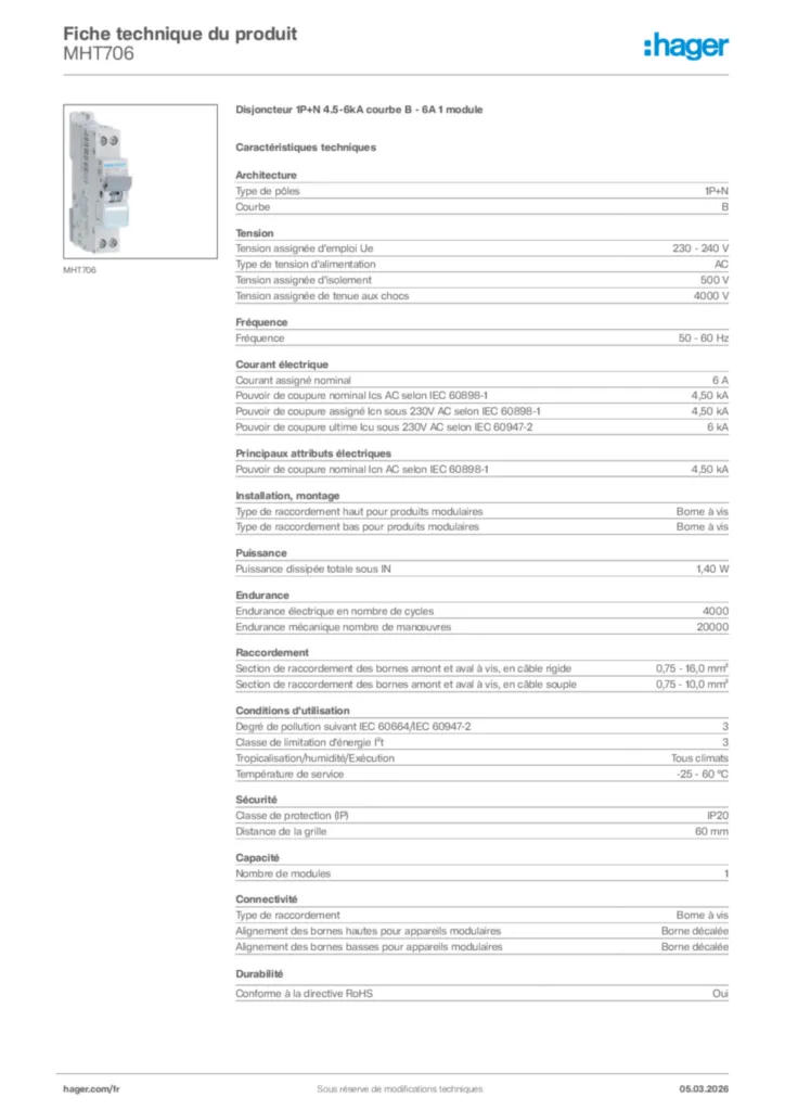 Image Hager Fiche technique du produit MHT706 | Hager France