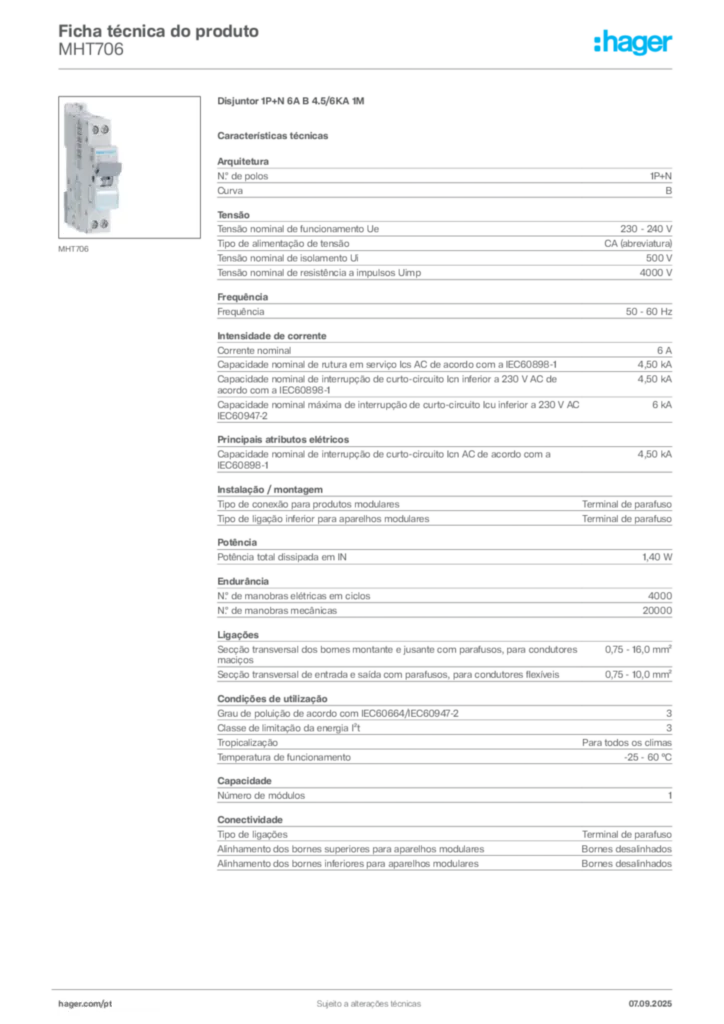 Imagem Hager Ficha técnica do produto MHT706 | Hager Portugal