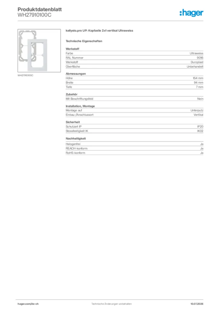 Bild Hager Produktdatenblatt WH27910100C | Hager Schweiz