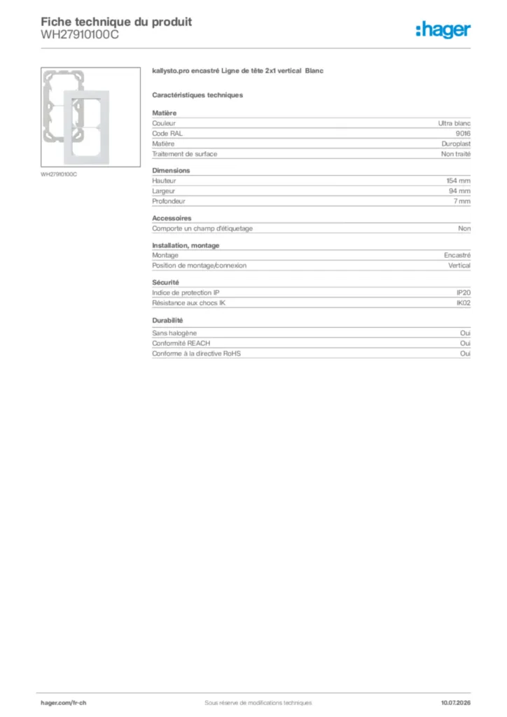 Image Hager Fiche technique du produit WH27910100C | Hager Suisse