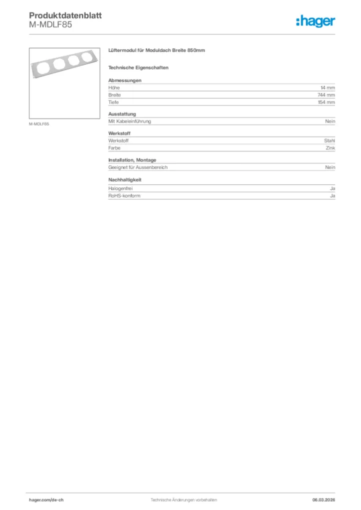 Bild Hager Produktdatenblatt M-MDLF85 | Hager Schweiz
