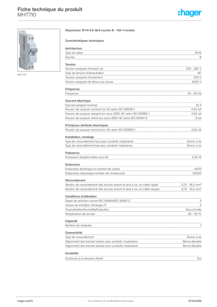 Image Hager Fiche technique du produit MHT710 | Hager France