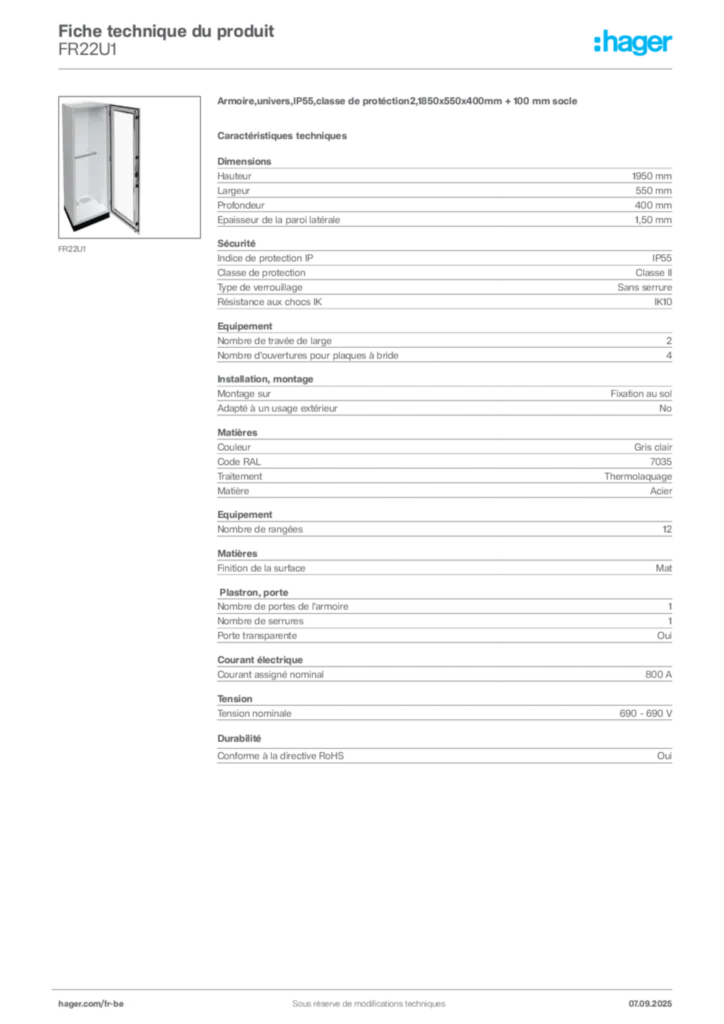 Image Hager Fiche technique du produit FR22U1 | Hager Belgique