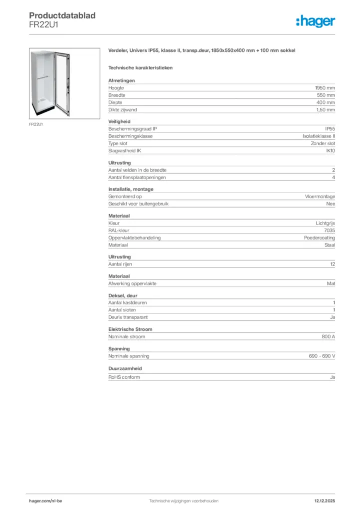 Afbeelding Hager Productdatablad FR22U1 | Hager Belgium