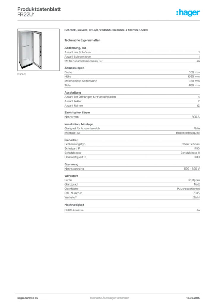 Bild Hager Produktdatenblatt FR22U1 | Hager Schweiz