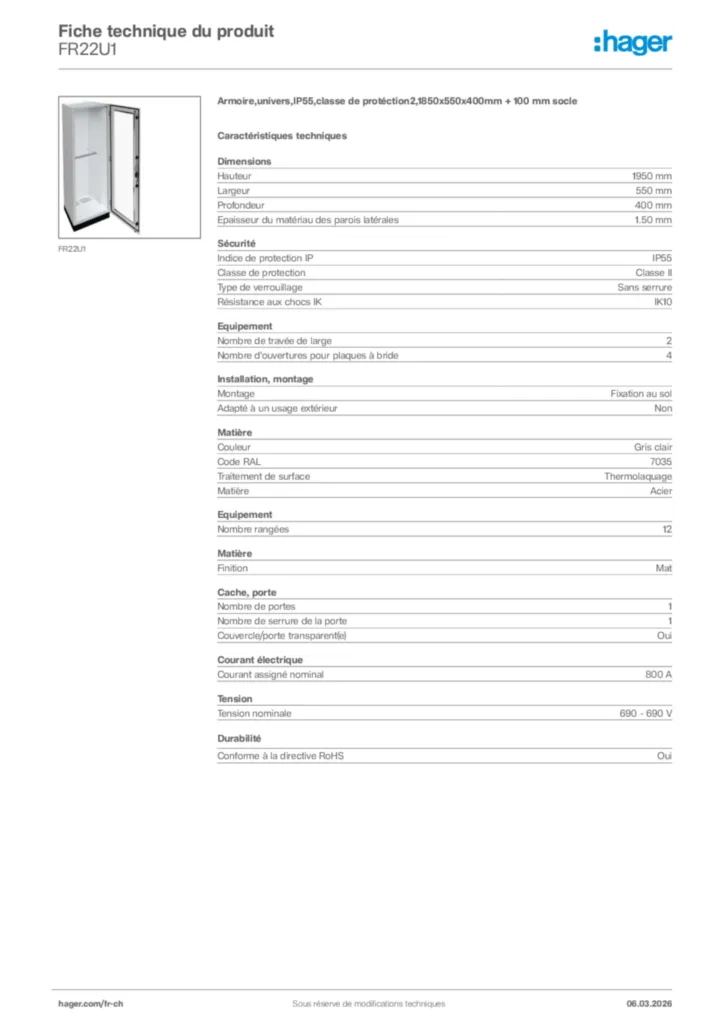 Image Hager Fiche technique du produit FR22U1 | Hager Suisse