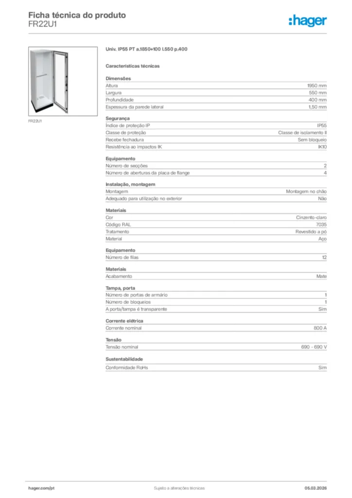 Imagem Hager Ficha técnica do produto FR22U1 | Hager Portugal
