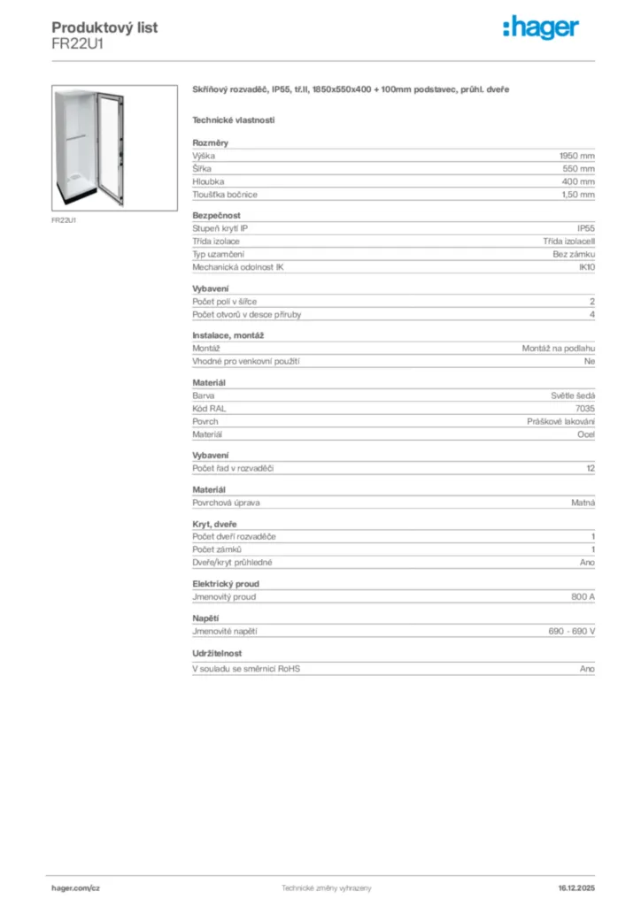 Obrázek Hager Produktový list FR22U1 | Hager