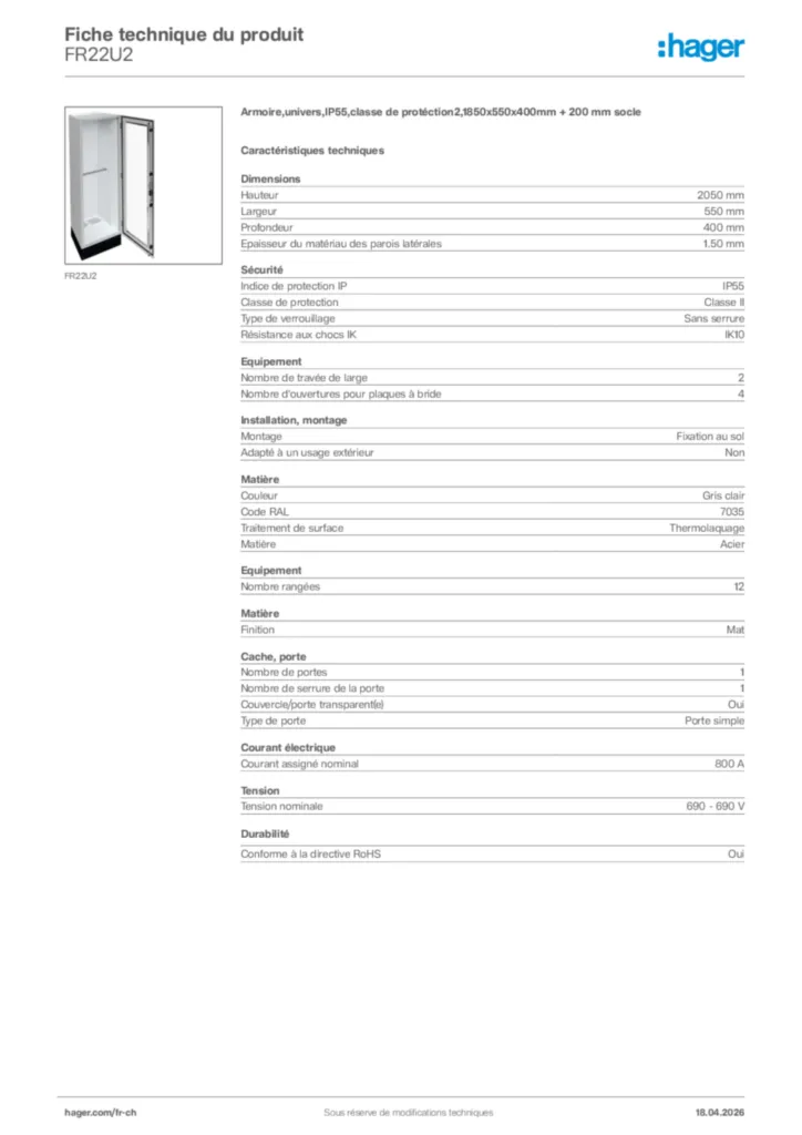 Image Hager Fiche technique du produit FR22U2 | Hager Suisse
