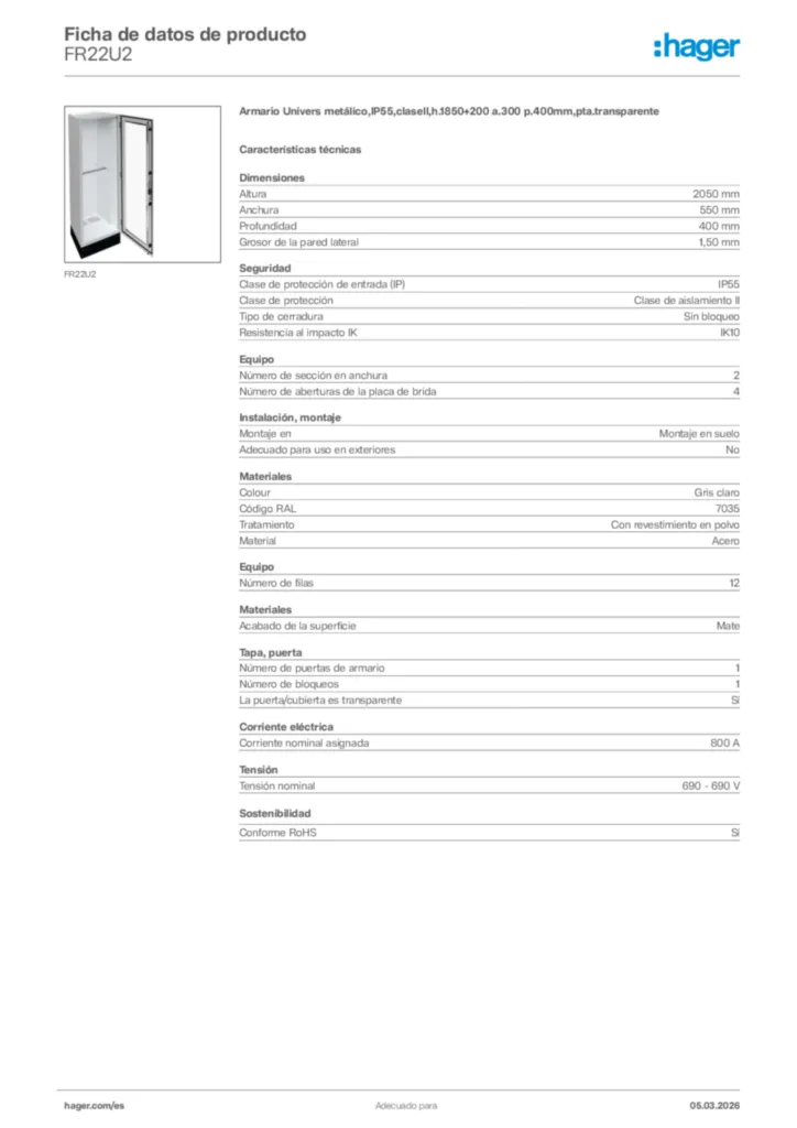 Imagen Hager Ficha de datos de producto FR22U2 | Hager España