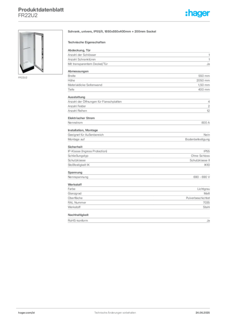 Bild Hager Produktdatenblatt FR22U2 | Hager Deutschland