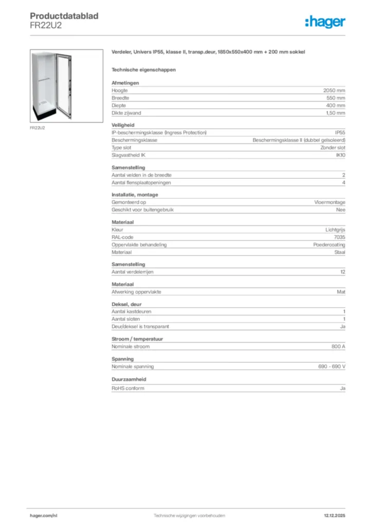 Afbeelding Hager Productdatablad FR22U2 | Hager Nederland