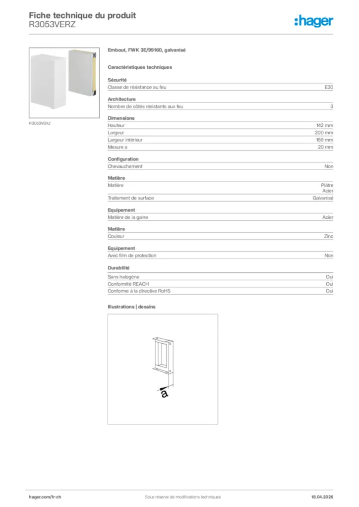 Image Hager Fiche technique du produit R3053VERZ | Hager Suisse