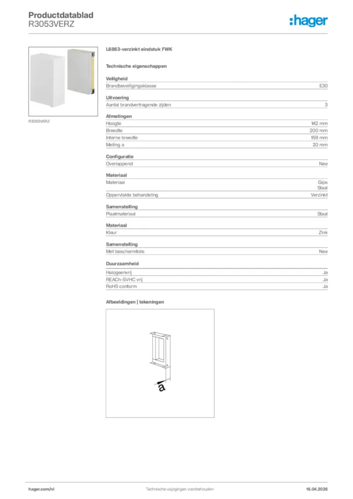 Afbeelding Hager Productdatablad R3053VERZ | Hager Nederland