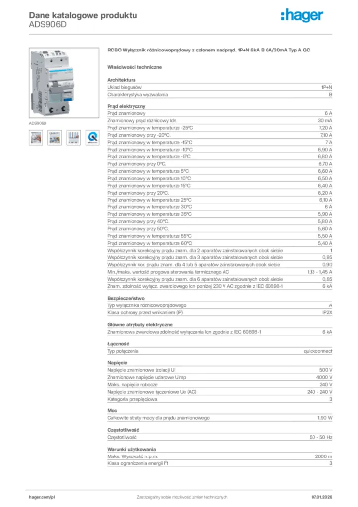 Zdjęcie Hager Karta katalogowa ADS906D | Hager Polska