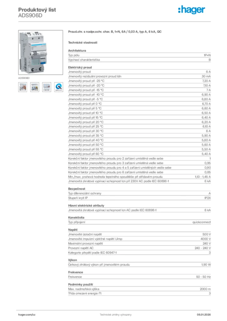 Obrázek Hager Product data sheet ADS906D | Hager