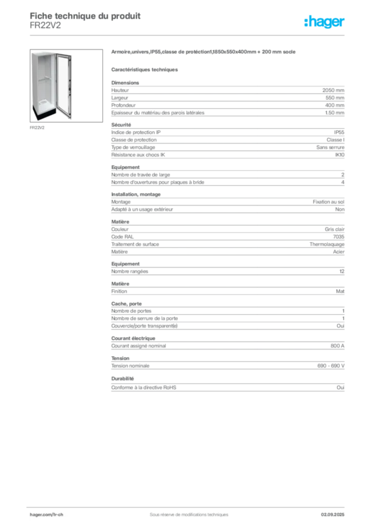 Image Hager Fiche technique du produit FR22V2 | Hager Suisse