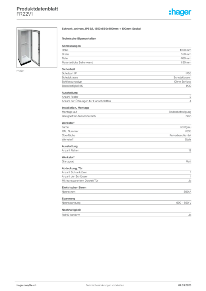 Bild Hager Produktdatenblatt FR22V1 | Hager Schweiz