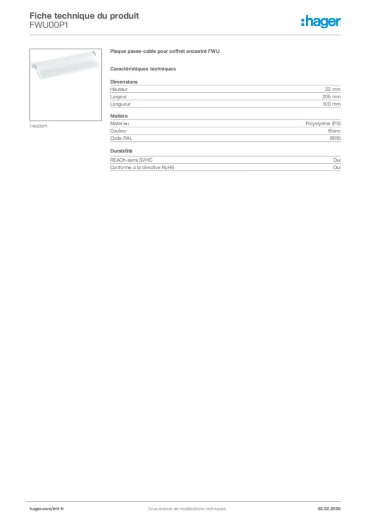 Image Hager Fiche technique du produit FWU00P1 | Hager Afrique