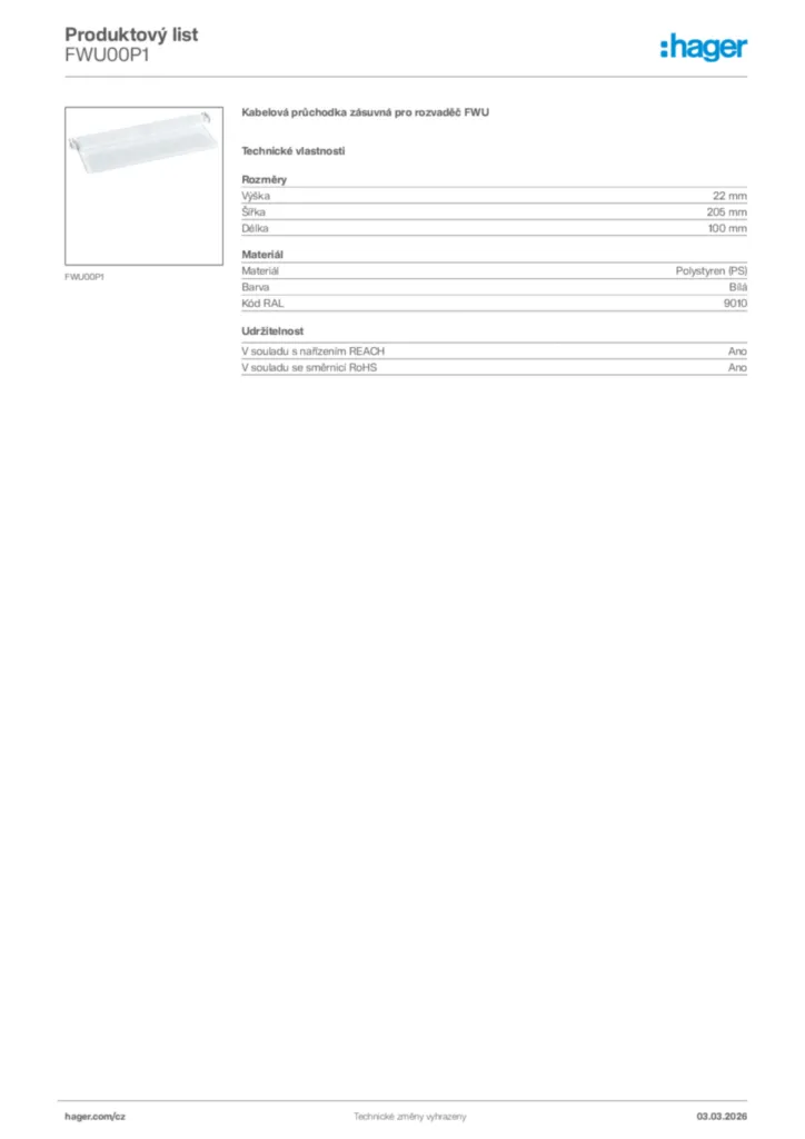 Obrázek Hager Product data sheet FWU00P1 | Hager