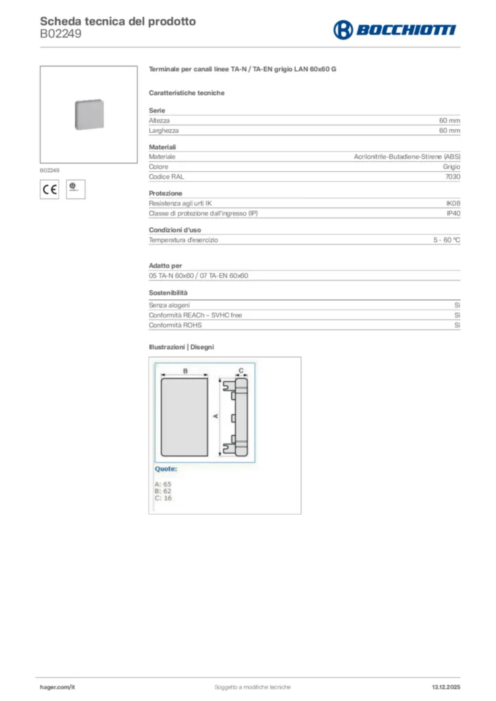Immagine Bocchiotti Scheda tecnica del prodotto B02249 | Hager Italia